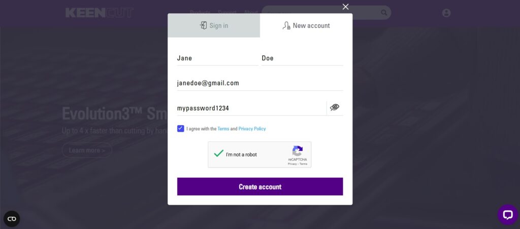 New account filled in