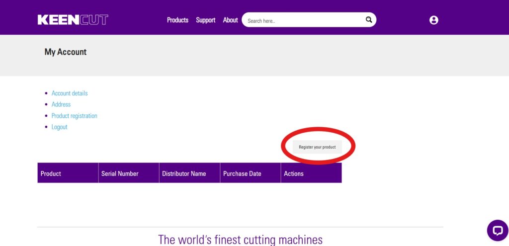Register product screen